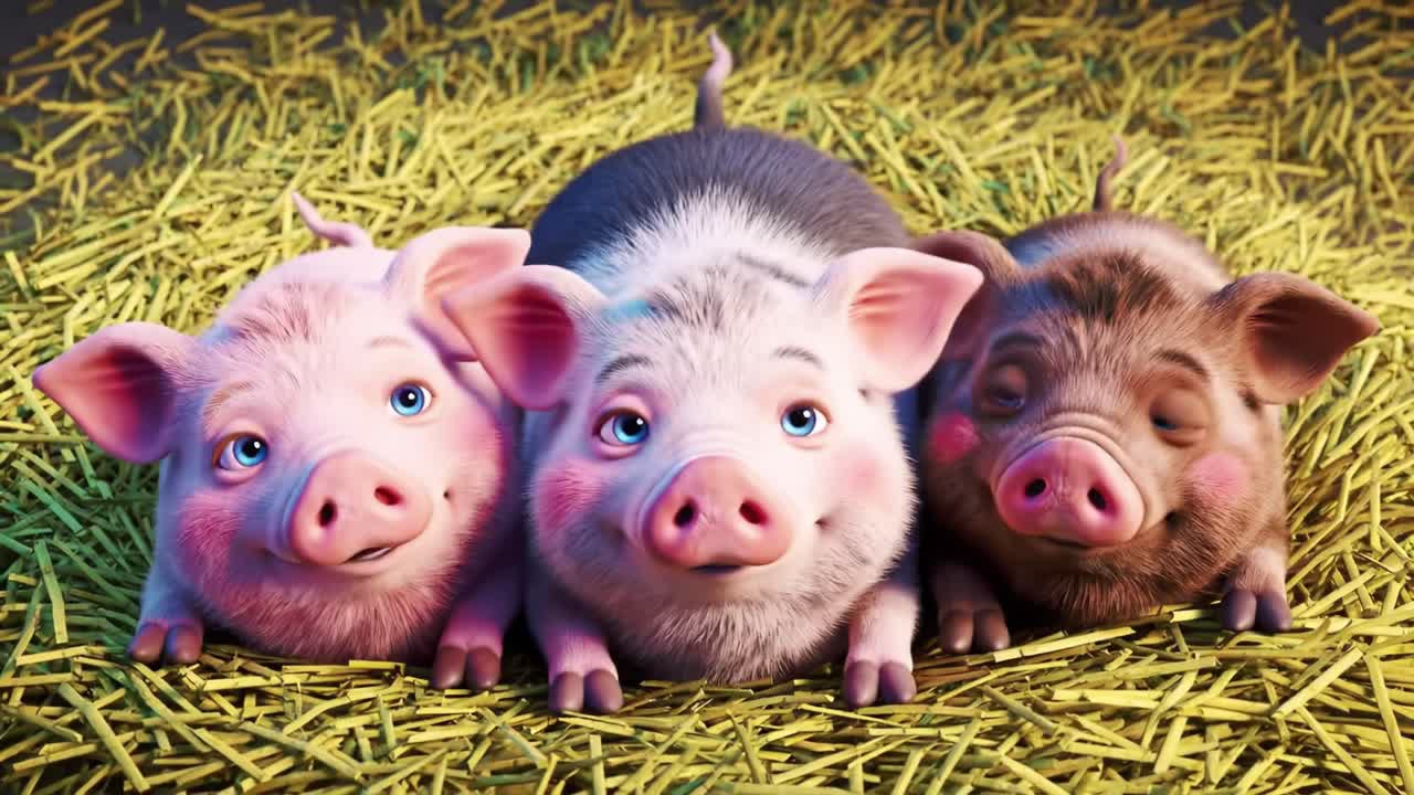 Adorable Animation of Three Whimsical Piglets Relaxing on Fresh Straw, Showcasing Their Playful Expressions and Cute Features Perfect for a Family-Friendly Exploration of Farm Life.