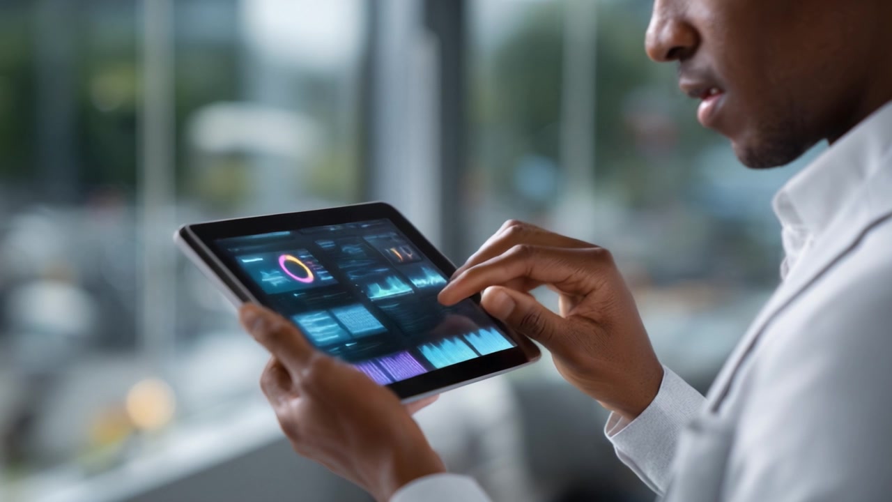 Focused Individual Analyzing Data on a Tablet, Gauging Trends and Statistics in a Modern Workplace Environment with Advanced Digital Interfaces