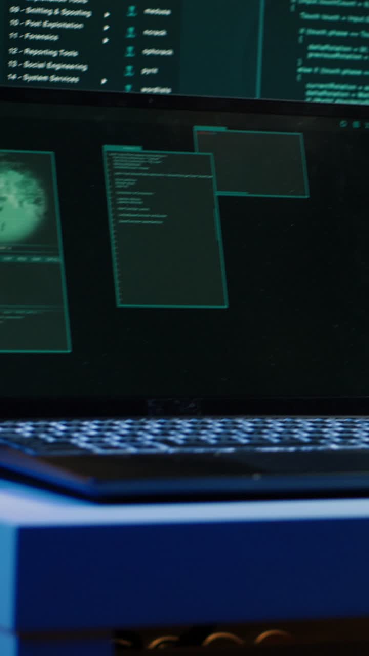 Vertikal video. Hacker med hettegenser tar en laptop ut av kofferten, klar til å iverksette et DDoS-angrep