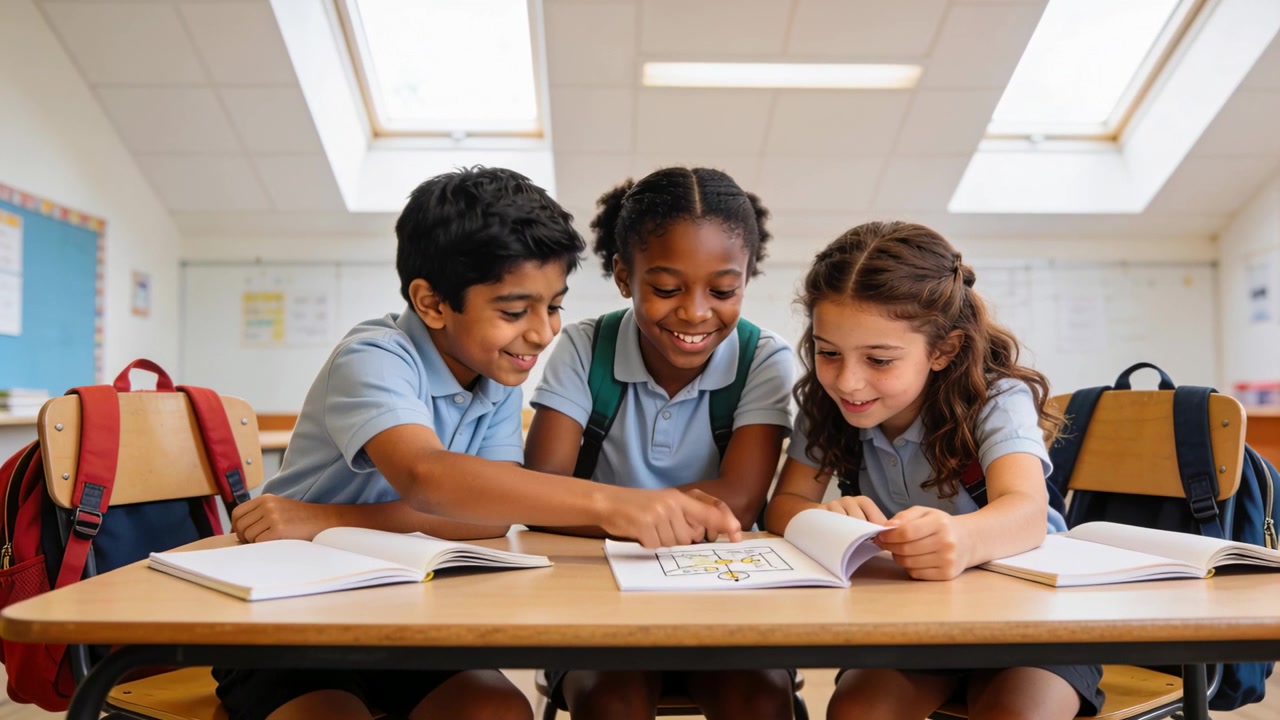 Pointing boy in light-blue polo guiding classmates over picture book at school desk, turning page