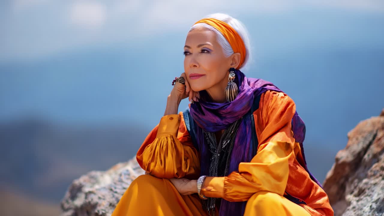 Elegante ritratto di una donna alla moda in vivaci abiti arancioni e viola su uno sfondo panoramico, che emana sicurezza e bellezza aggraziata