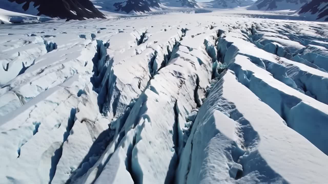 Majestic Glacial Landscape: Aerial View of Cracked Ice Formations Revealing the Natural Beauty and Power of the Frozen Terrain in a Remote Mountainous Region