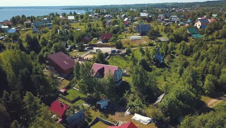 aerial view of a rural village by a river