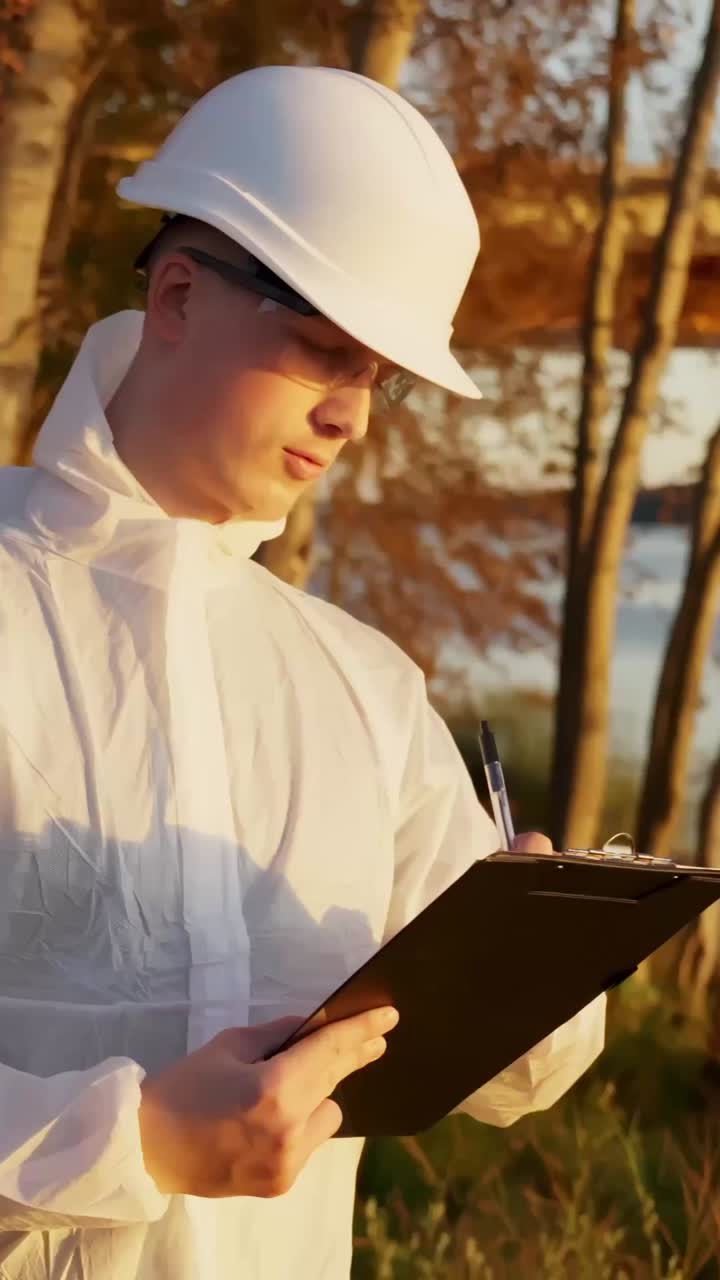 Inspector in protective suit writing notes while conducting environmental monitoring task, vertical orbit at sunset