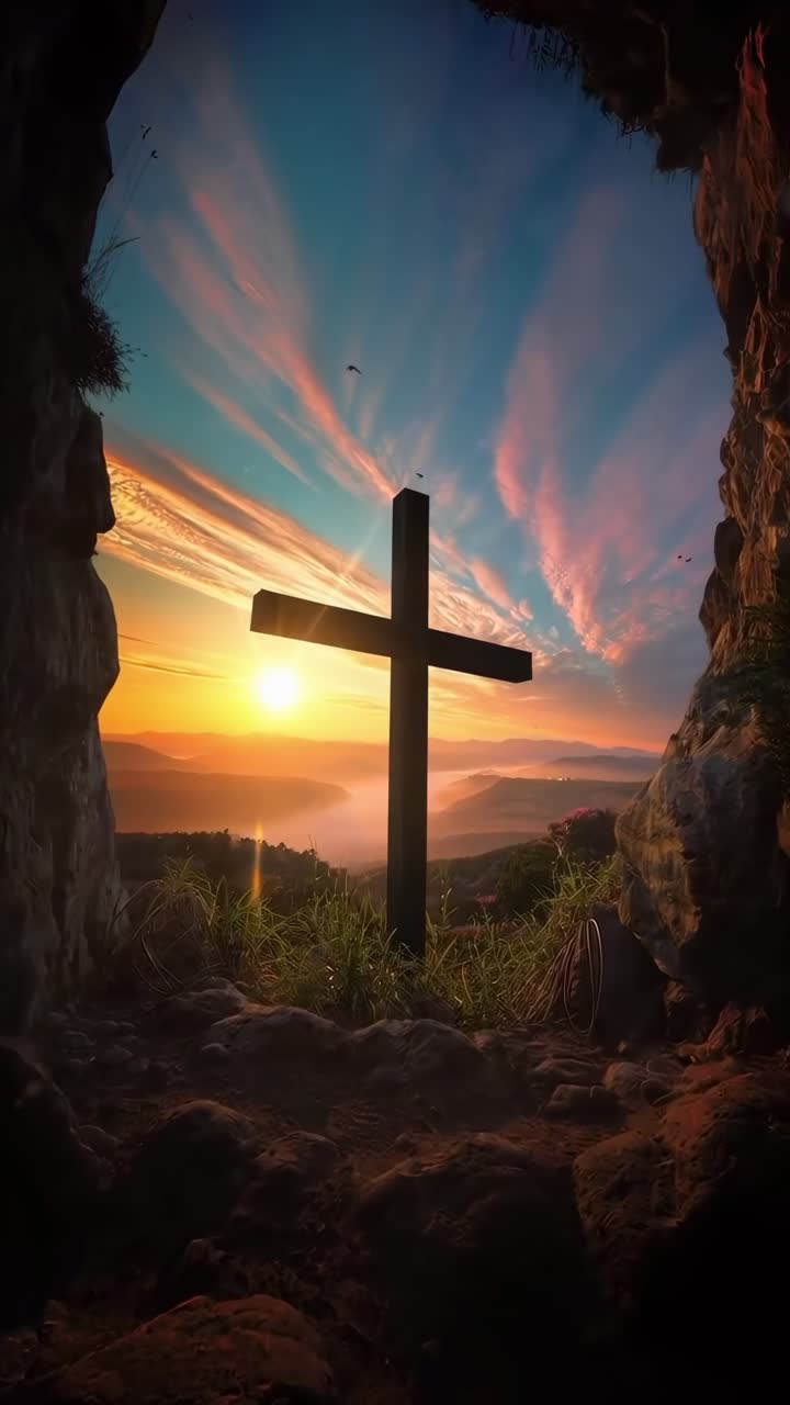 Un fermo immagine di una croce all'alba, vista dall'ingresso di una grotta, con una prospettiva dal basso.