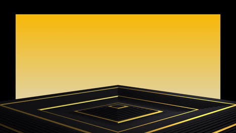 Animation-of-black-and-gold-undulating-square-podium-with-orange-and-black-background