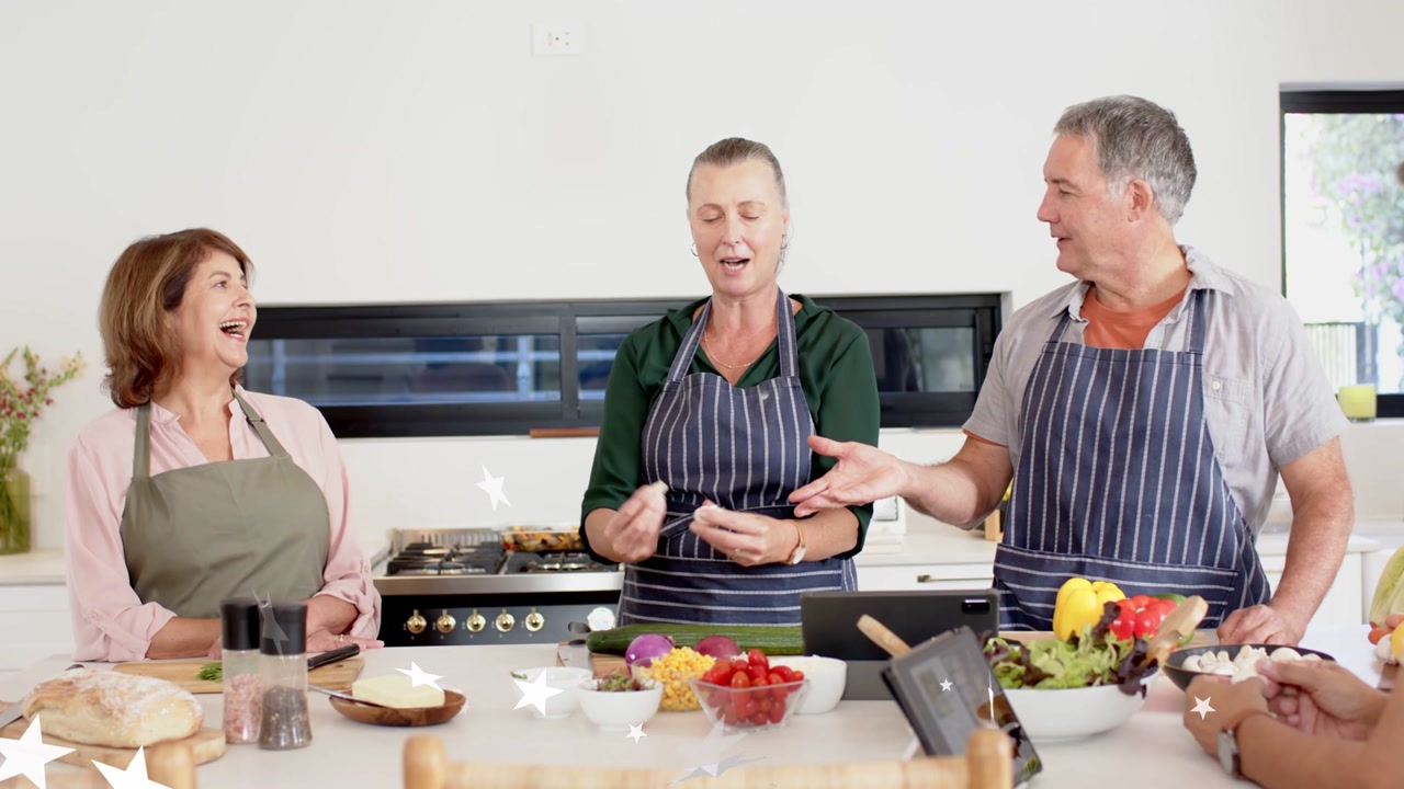 Central woman holding egg and showing cracking technique, group learning and applauding in kitchen