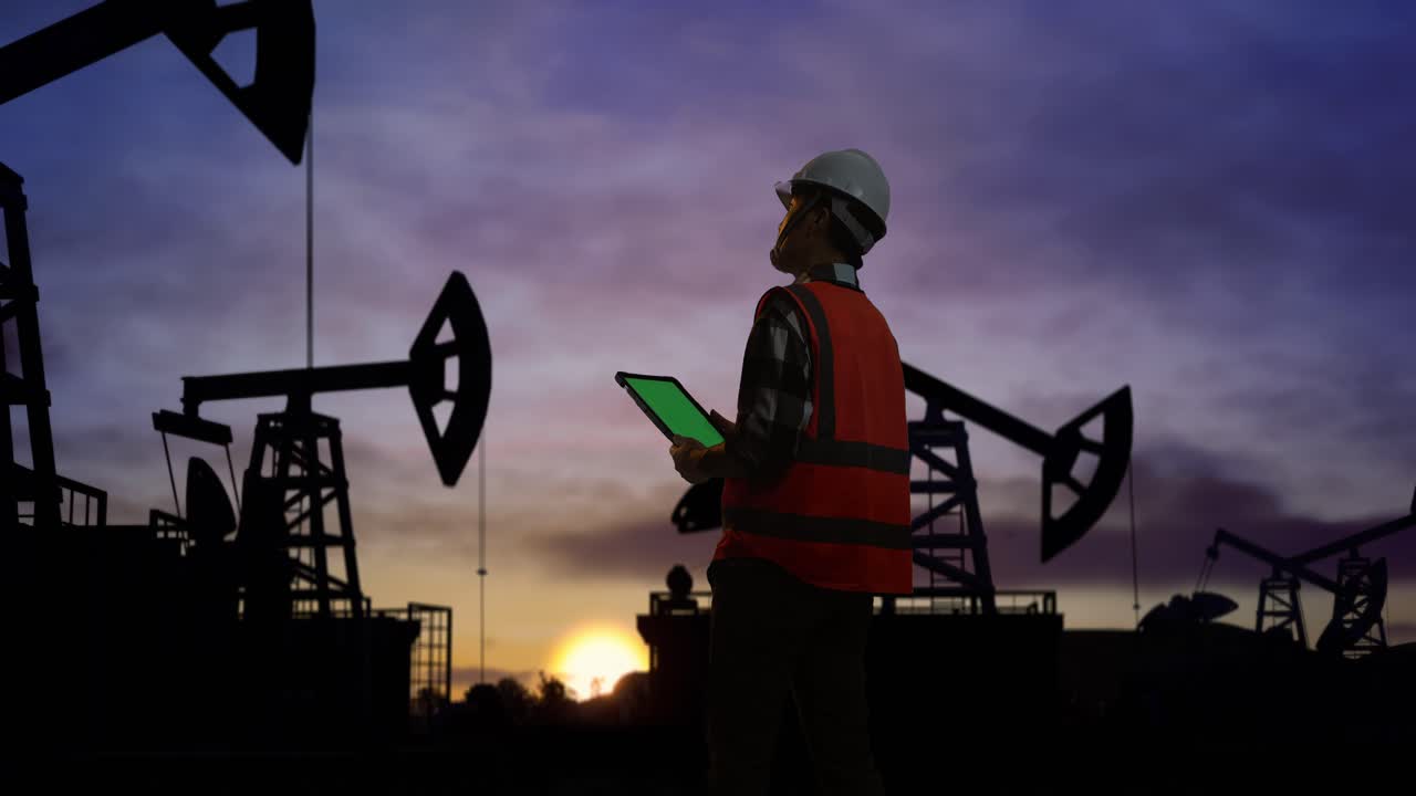 안전 헬을 입은 아시아 남성 엔지니어가 녹색 스크린 태블릿에서 일하며 해가 지거나 해가 뜨는 동안 오일 프 앞에 서서 주위를 둘러보고 있습니다.