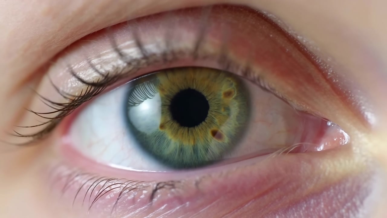 Vista macro ravvicinata di un occhio umano centrato nell'inquadratura, che mostra un'iride verde-nocciola, ciglia, dettagli della palpebra e luce naturale soffusa con una texture della pelle chiara.
