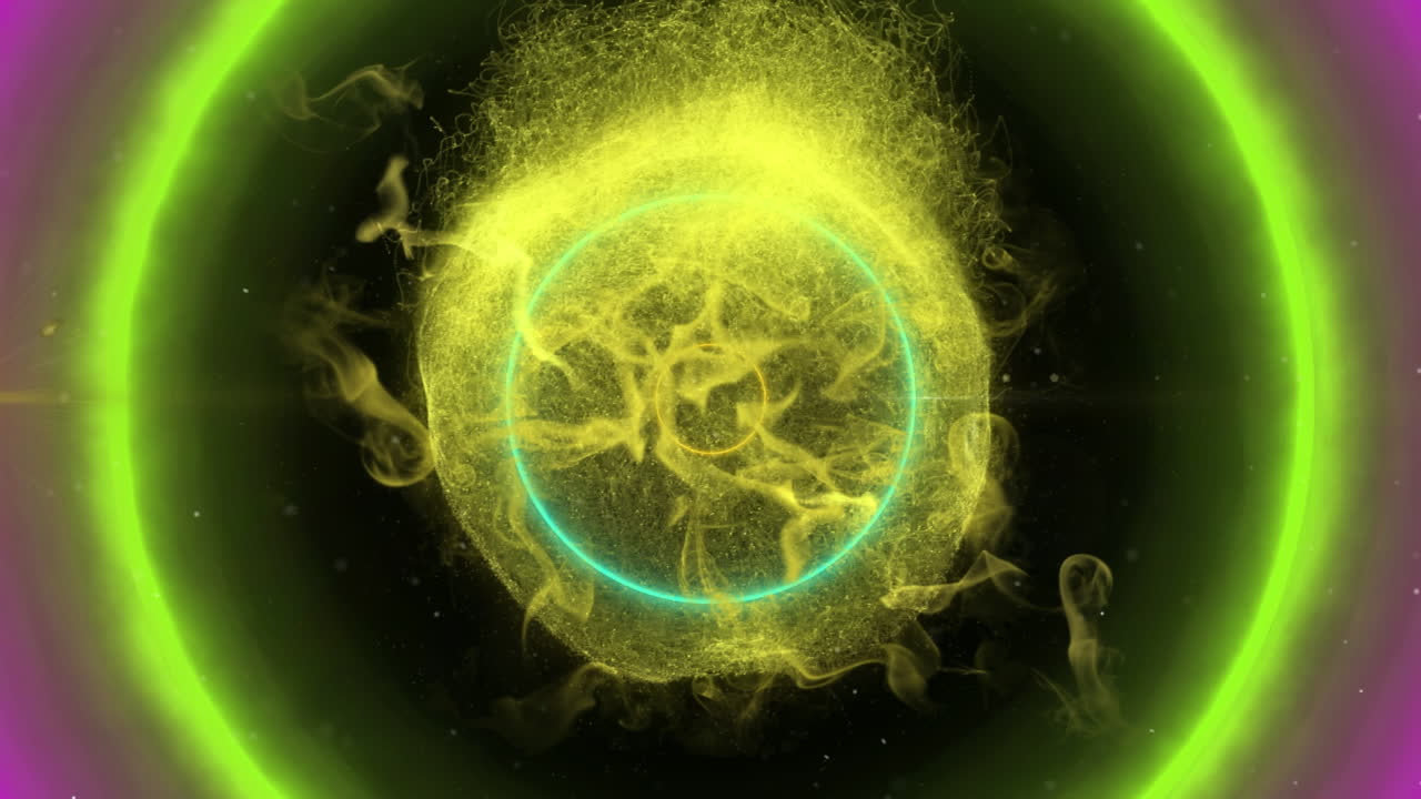 animación de una bola amarilla brillante y un círculo rosa sobre un fondo negro