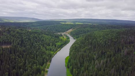 aerial view of river winding through lush forest