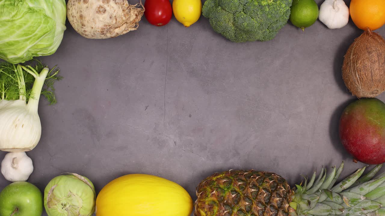 marco creativo con espacio de copia hecho de frutas y verduras aparecen en fondo oscuro. detener el movimiento