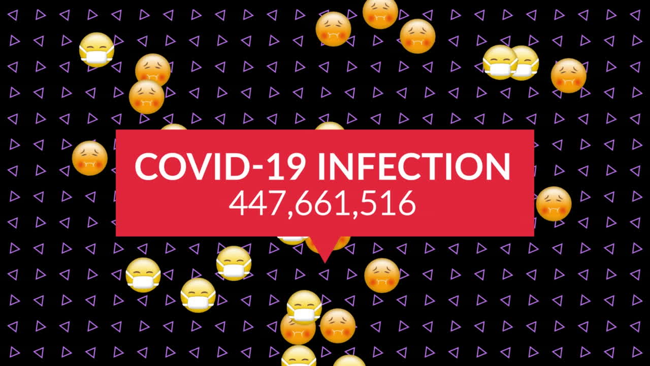 animación del texto de la infección por covid19, con un número creciente de emojis y una cuadrícula de triángulos en negro