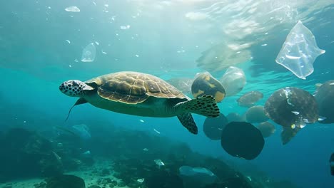 sea turtle swimming through plastic pollution