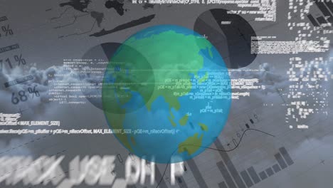 Drehender-Globus-Und-Dateninformationen-Gegen-Finanzdatendokument-4k