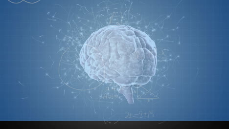 animación del cerebro humano girando sobre ecuaciones matemáticas sobre fondo azul
