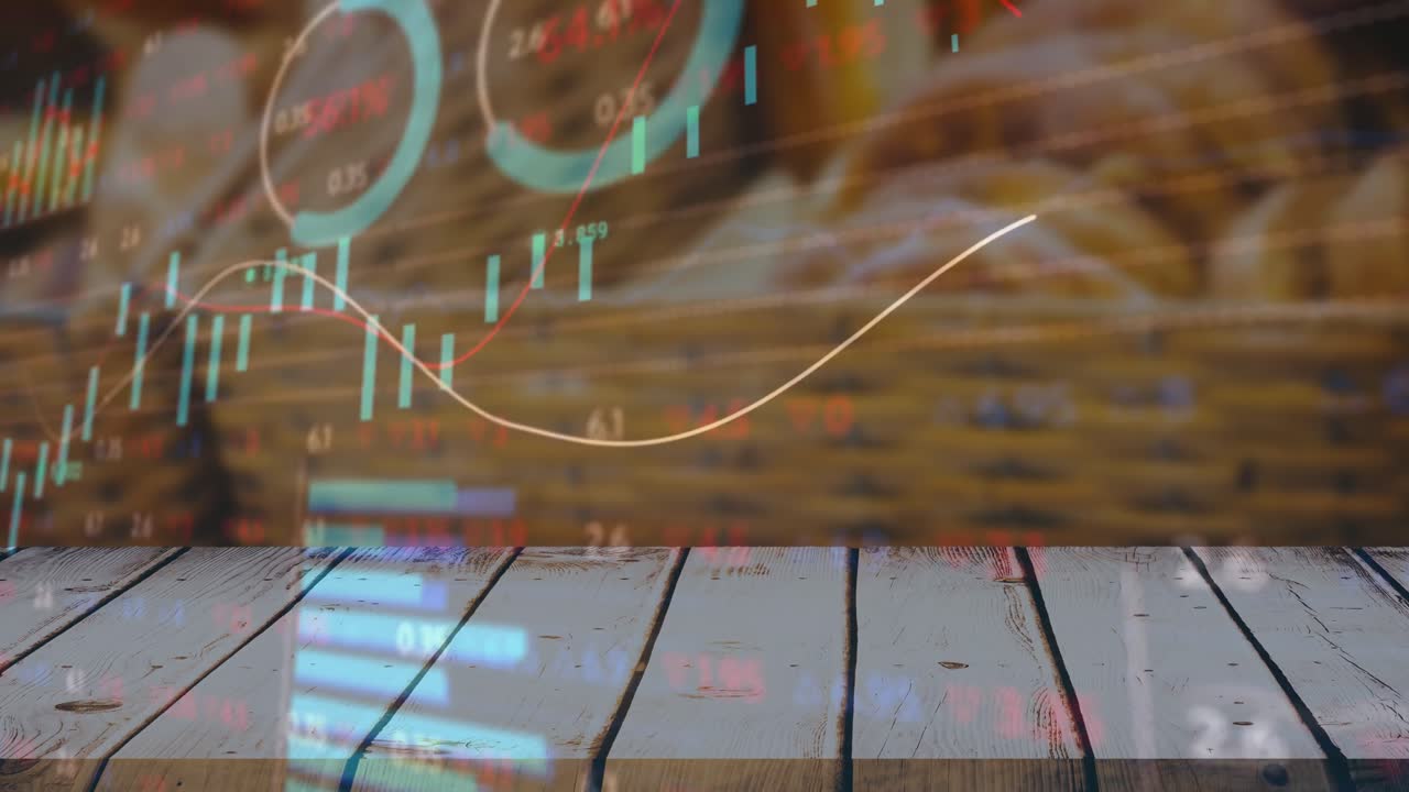 Animasjon av finansiell databehandling over en kurv med bakervarer.