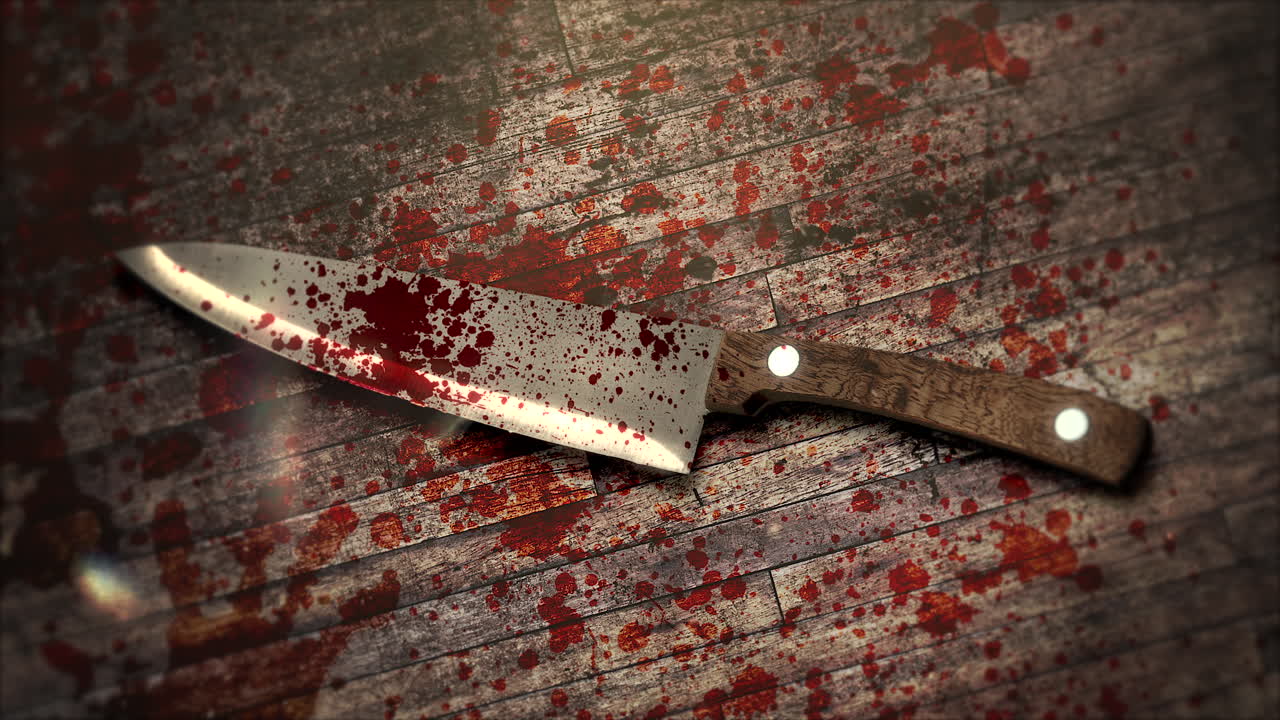 fondo de terror místico con sangre oscura y cuchillo en madera
