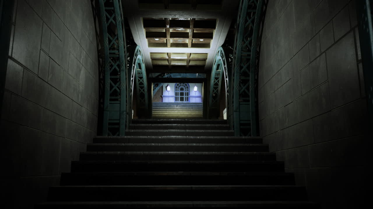 Mysterious staircase illuminated by soft light leading to an arched doorway