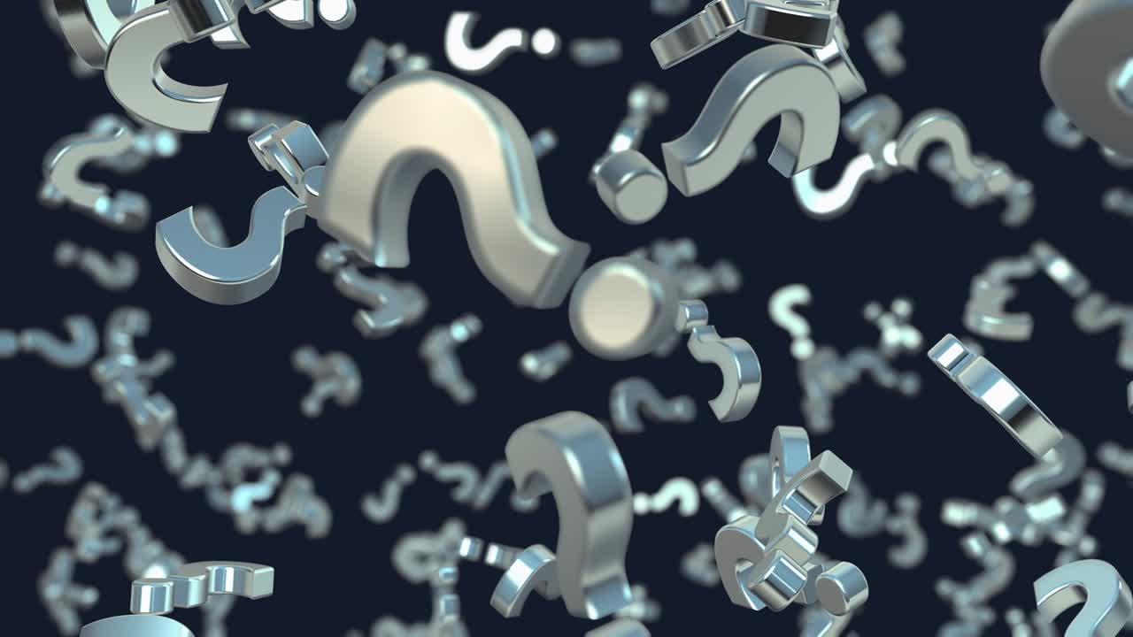 caída aleatoria de signos de interrogación con profundidad de campo. interminables preguntas realistas en estilo metal.