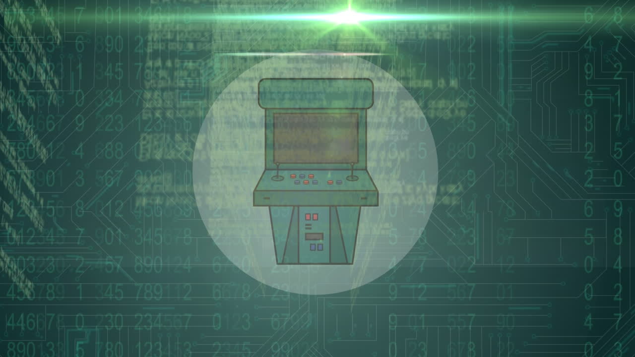 Animation of video game icon, binary coding, data processing over glowing computer circuit board