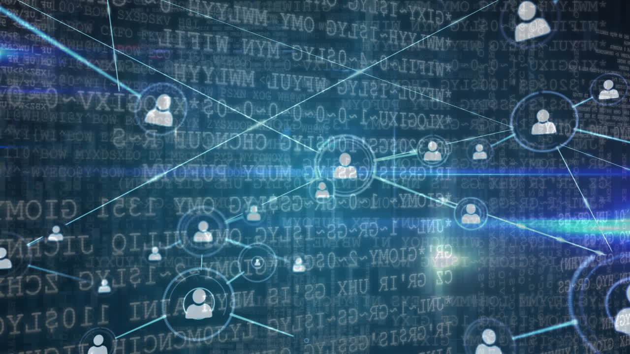 Person icons connected by lines against stream of data