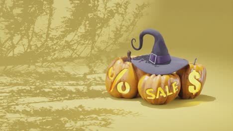 Yellow-halloween-retail-sale-background-with-copyspace,-pumpkins-and-witch-hat