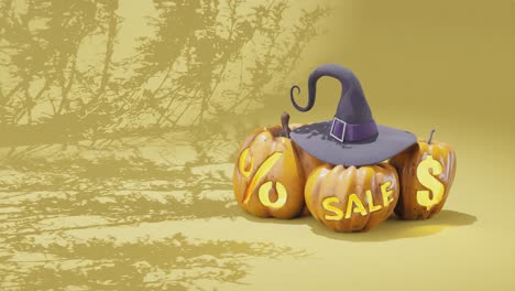 yellow halloween retail sale background with copyspace, pumpkins and witch hat