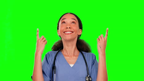 Green-screen,-nurse-and-woman-with-pointing-up-to