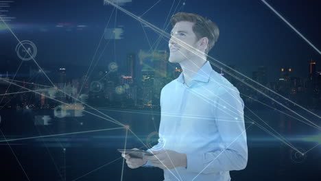 animation of caucasian businessman using tablet and network of connections over cityscape