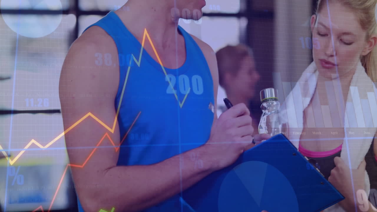 Male trainer taking notes next to female client holding water bottle, gym fitness charts overlaying
