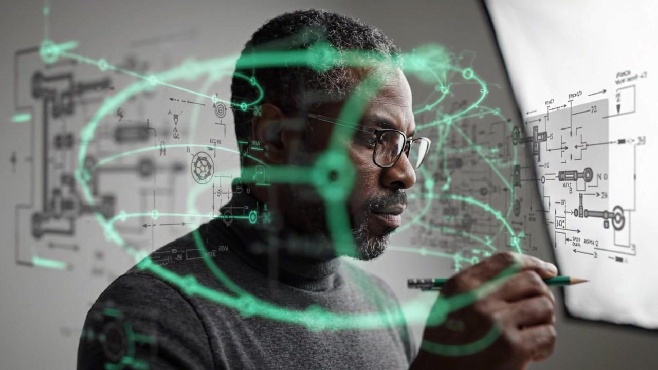 Contemplative Engineer Sketching Innovative Ideas with Precision While Analyzing Complex Diagrams and Designs in a Modern Studio Environment