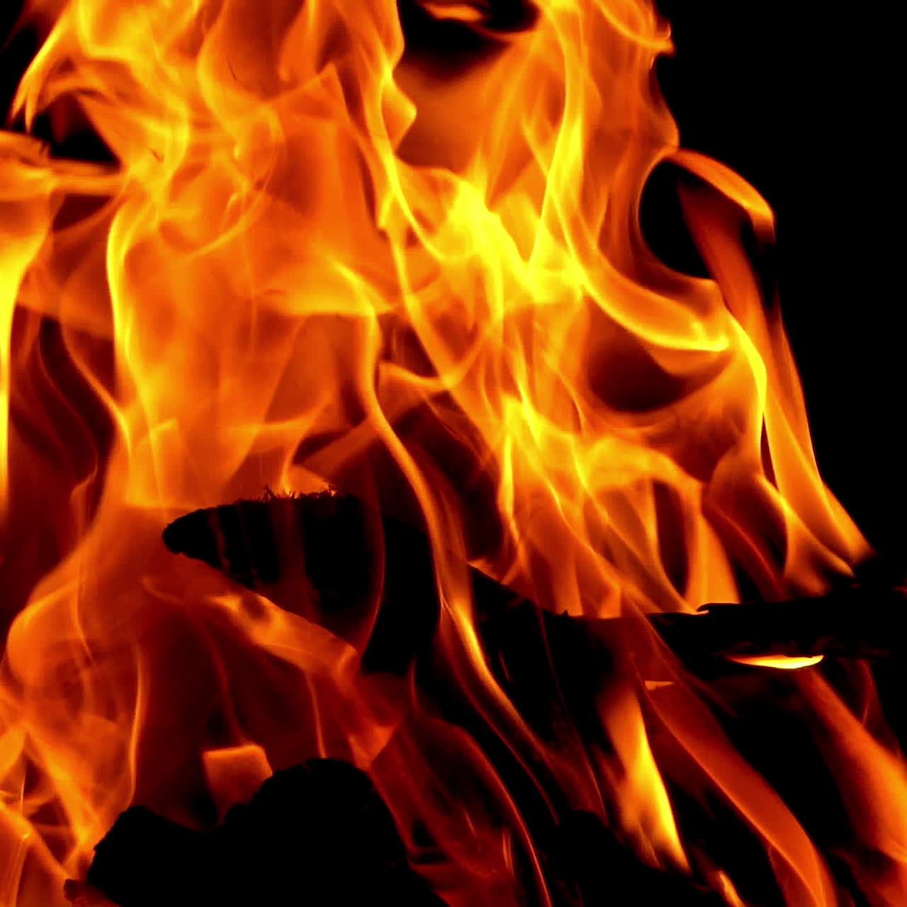 Smoldered logs burned in vivid fire on black background. Fantastic orange and yellow flame of campfire at night. Close-up