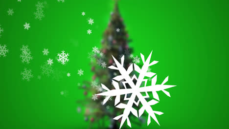 Animation-of-snow-falling-over-christmas-tree-on-green-background