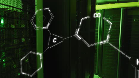 animación de estructuras químicas flotando contra la sala del servidor de computadora