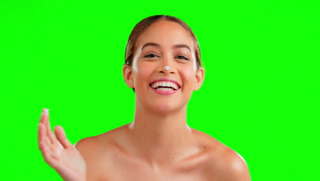 Woman,-skincare-cream-and-studio-green-screen