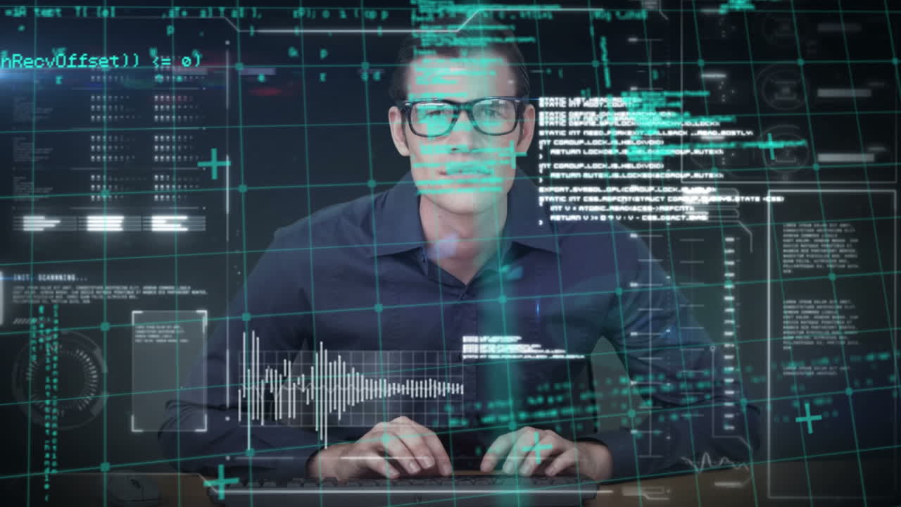 animación del procesamiento de datos sobre un hombre de negocios caucásico usando la escritura en el teclado de la computadora