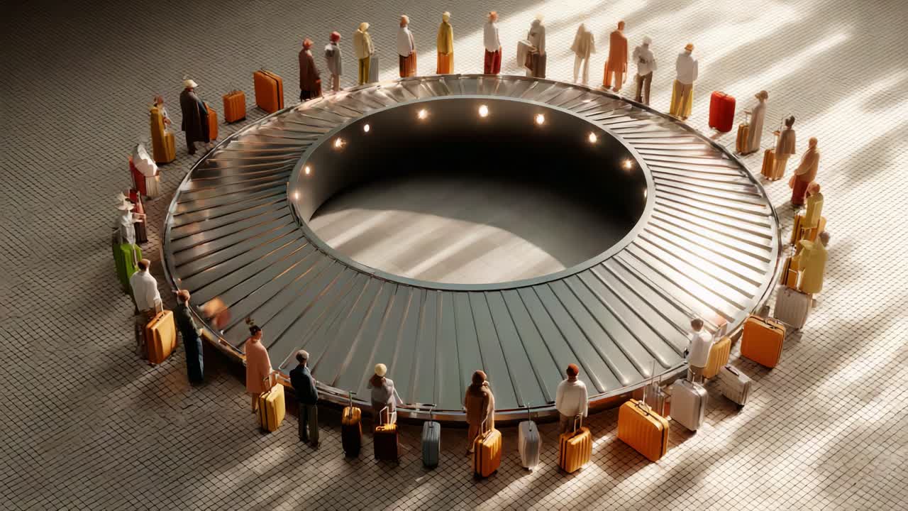 A Circulating Arrival Zone: Travelers Await Luggage on a Stylish Baggage Carousel with Suitcases Waiting Under Soft Ambient Lighting in a Modern Terminal Environment