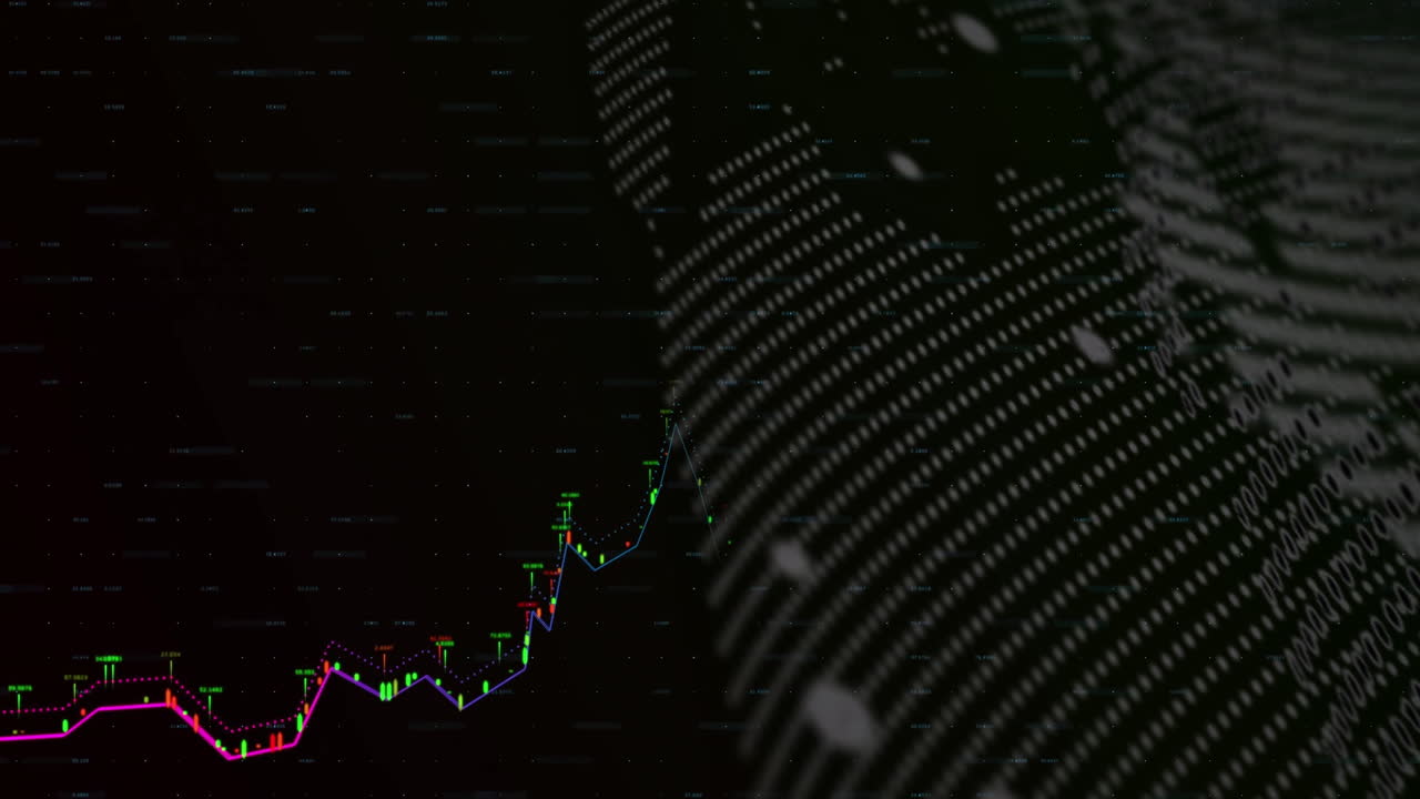 Animation of stock market graph with digital data patterns on dark background