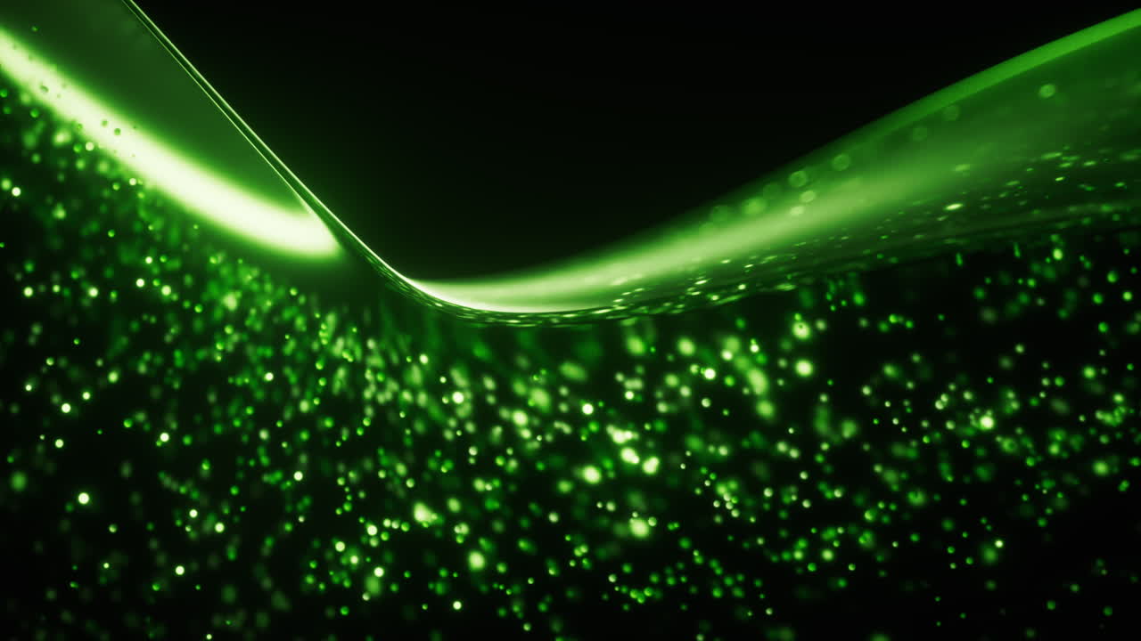 Green glowing particles in glass geometry, 3d rendering.