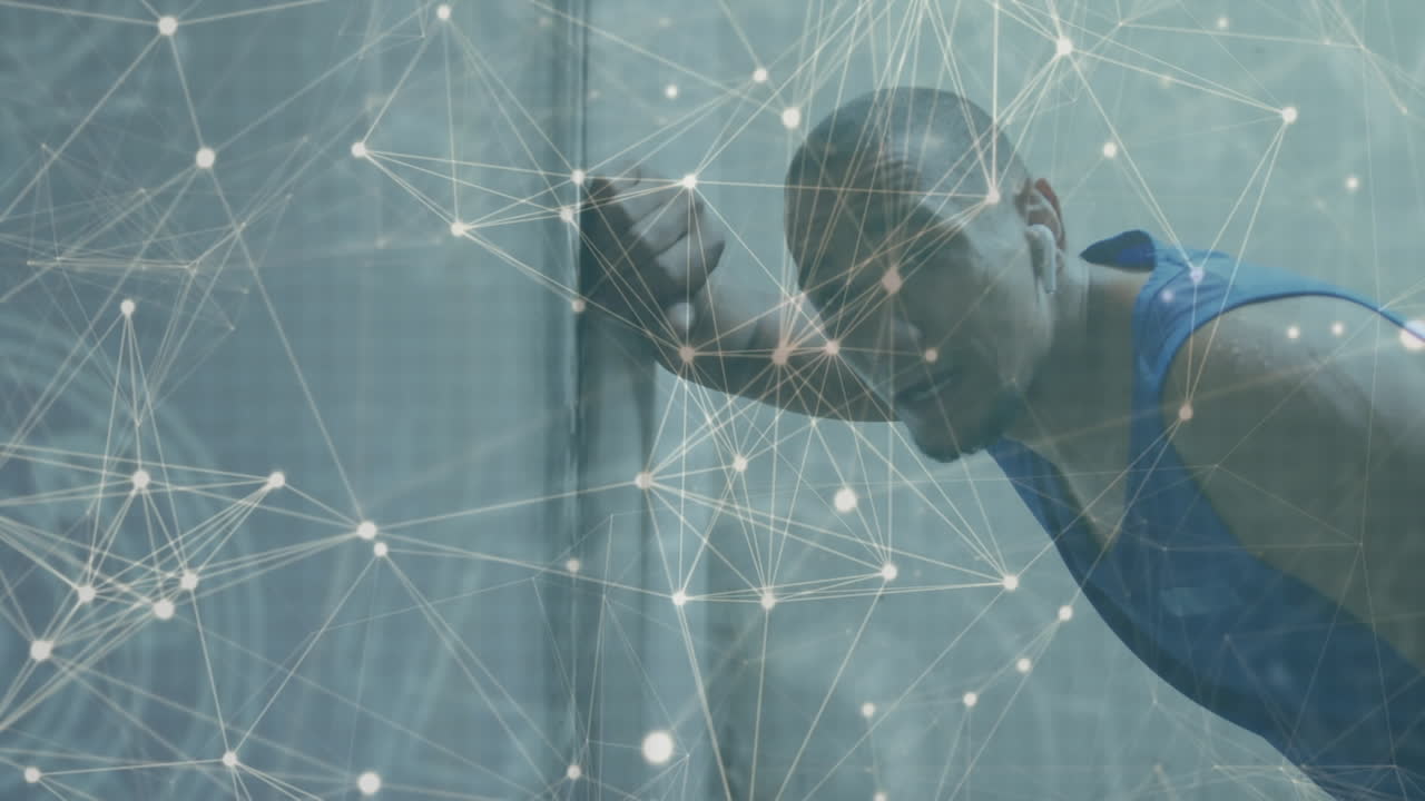 Animation of communication network over resting male athlete exercising outdoors