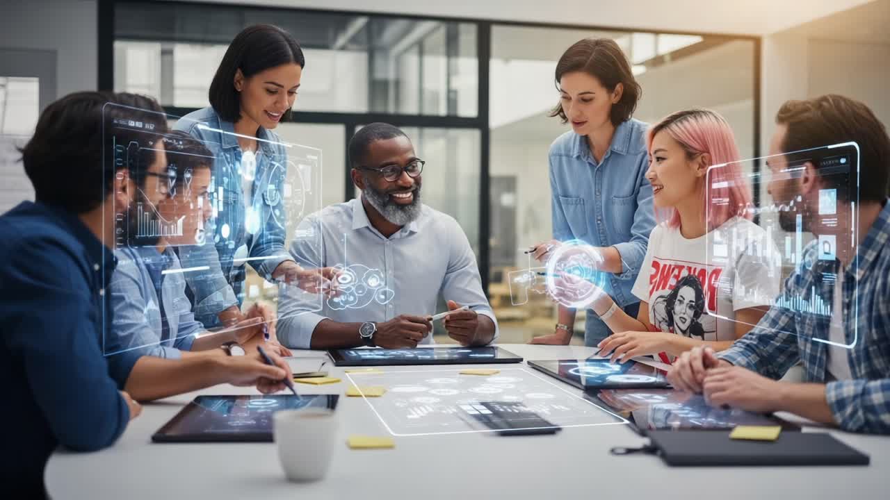 Dynamic Team Collaboration: A Diverse Group Engaging in Innovative Technology Solutions at a Modern Conference Table with Interactive Displays