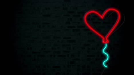 animation of red neon heart balloon flashing and dancing on black background