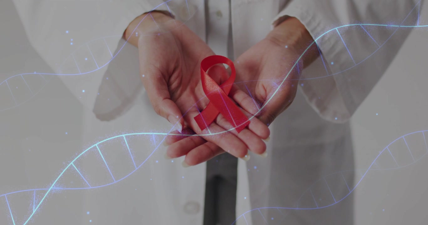 Médecin en blouse de laboratoire soulevant un ruban rouge, une hélice d'ADN balayant les mains, étincelante, promouvant la santé