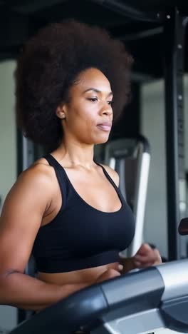 running afro woman practicing on treadmill machine in fitness gym.