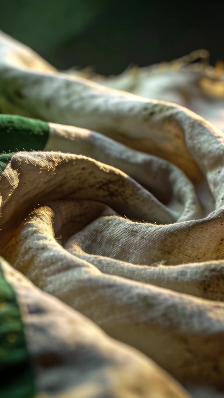 Vidéo verticale : La mise au point change, la caméra montrant de la poussière de fibres sur un tissu plié avec une bordure verte, au soleil.