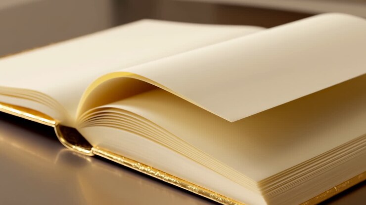 Diario Aperto Vuoto Con Pagine Dai Bordi Dorati, L'Illuminazione Calda Dello Studio Rivela La Trama Della Carta Color Crema E La Rilegatura Dorata