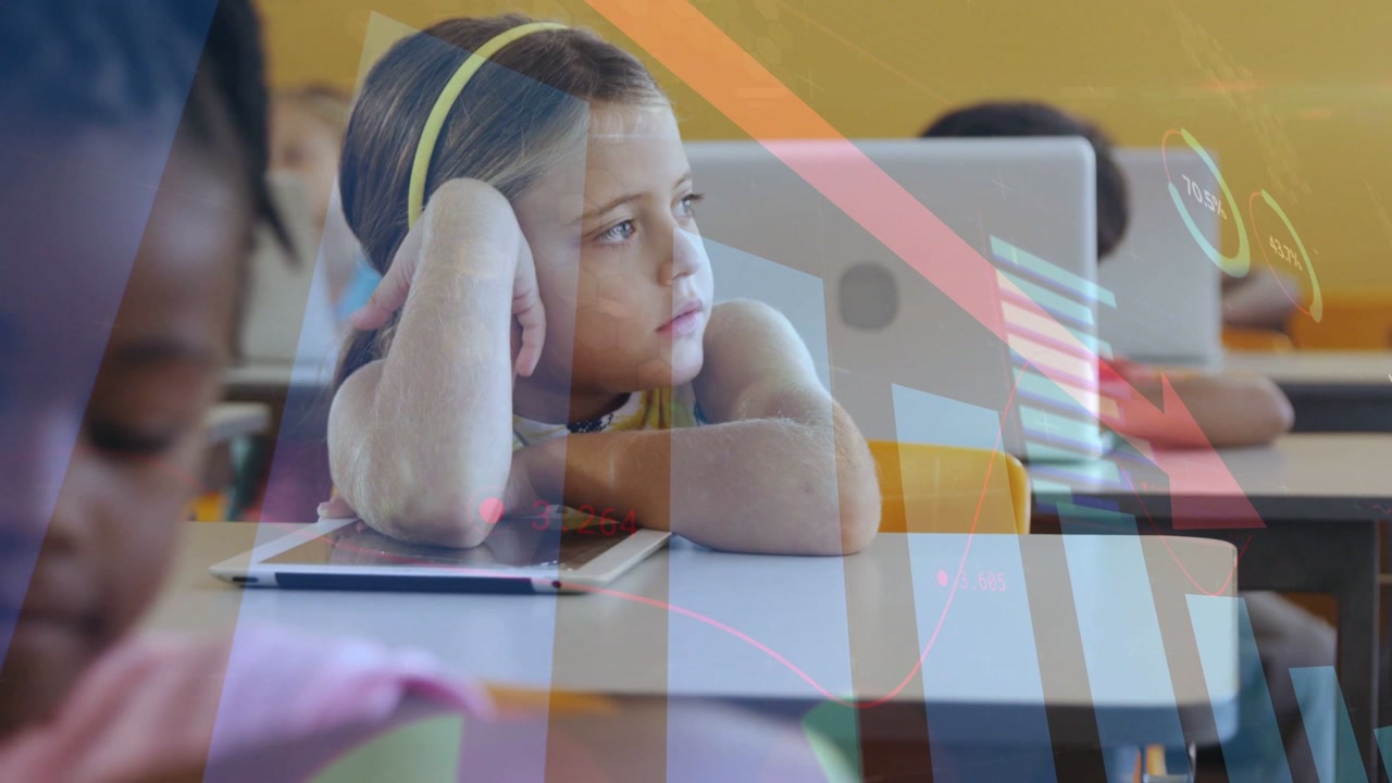 Girl receiving tablet ping, shifting gaze right in classroom, overlays sweeping, obscuring tablet
