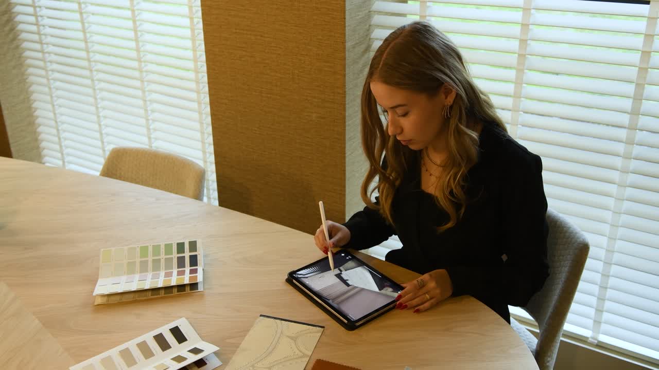 un estilista de interiores que trabaja en una tableta con colores