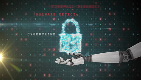 robot hand holding digital lock, firewall disabled animation over matrix background